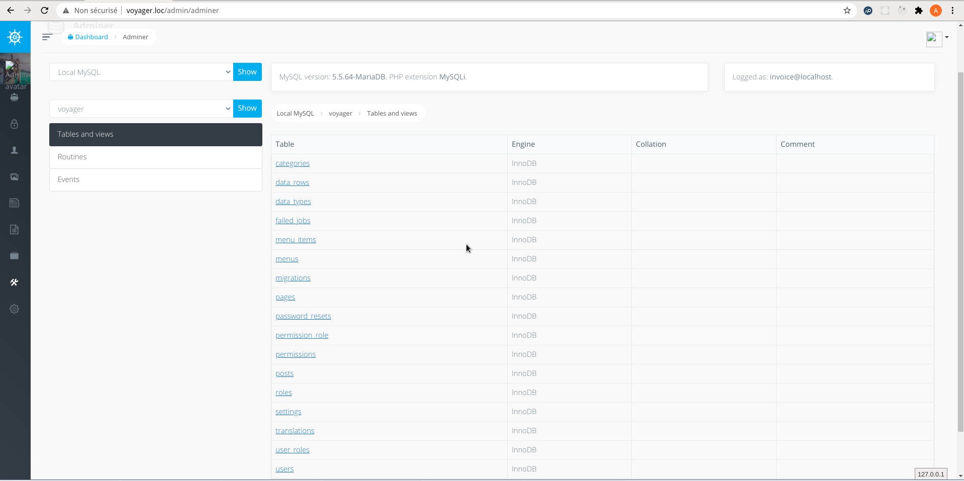 voyager-adminer-database